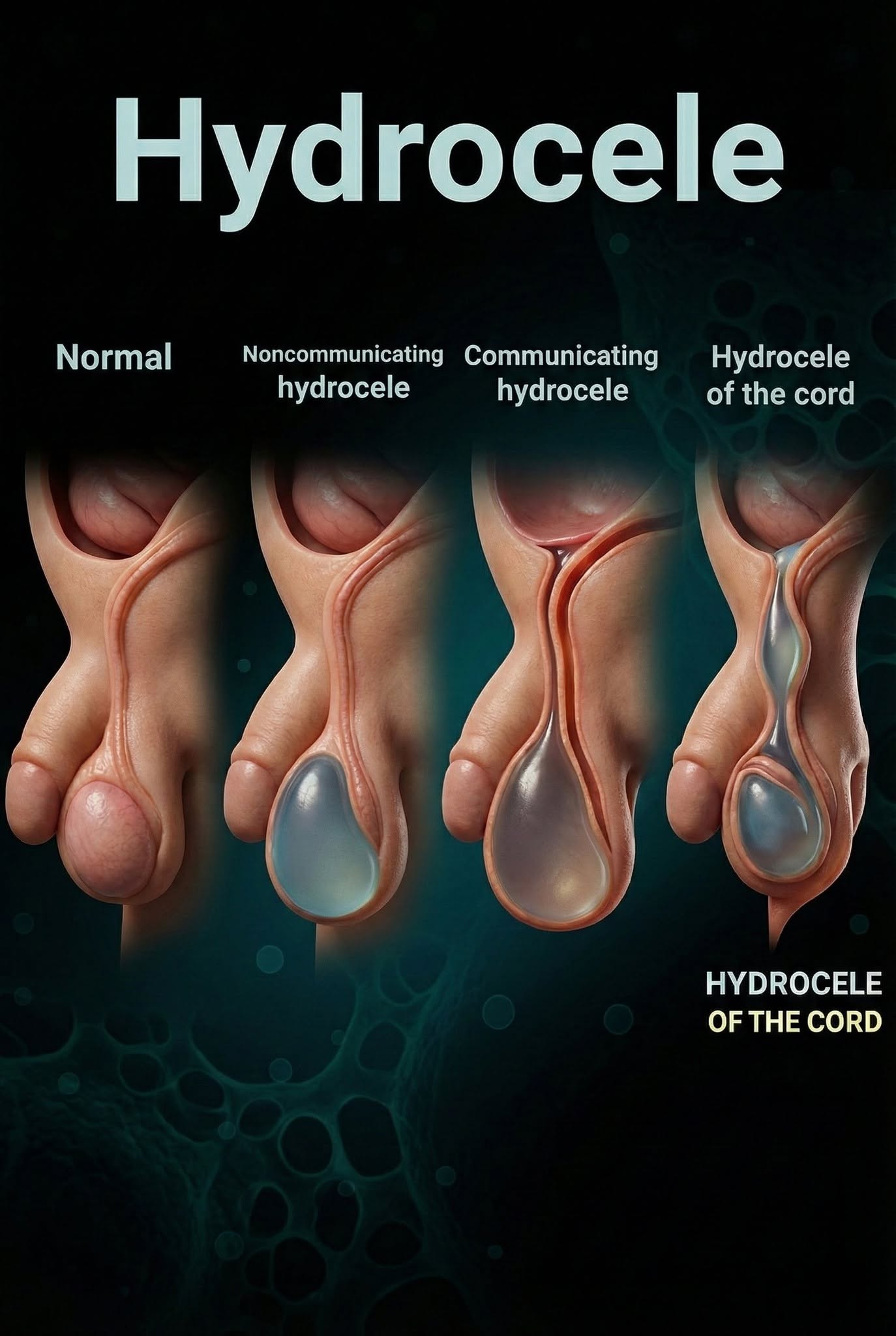 Hydrocele illustration showing fluid around the testis causing scrotal swelling